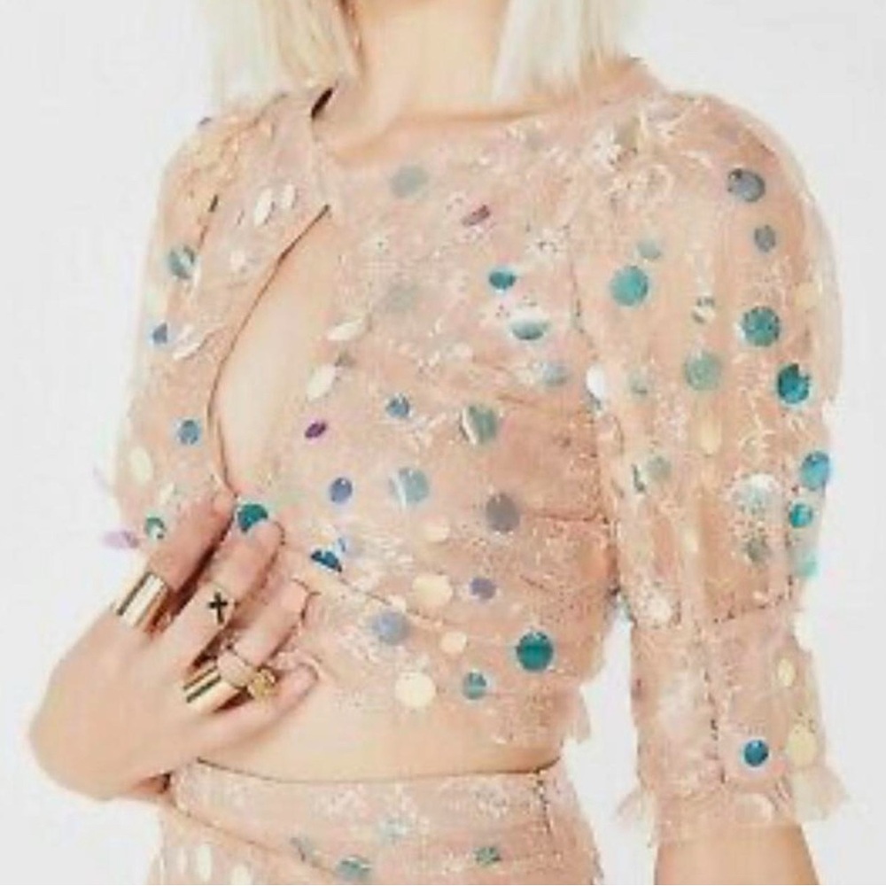 For Love And Lemons Pink Sheer Blouse with Blue Embellishments